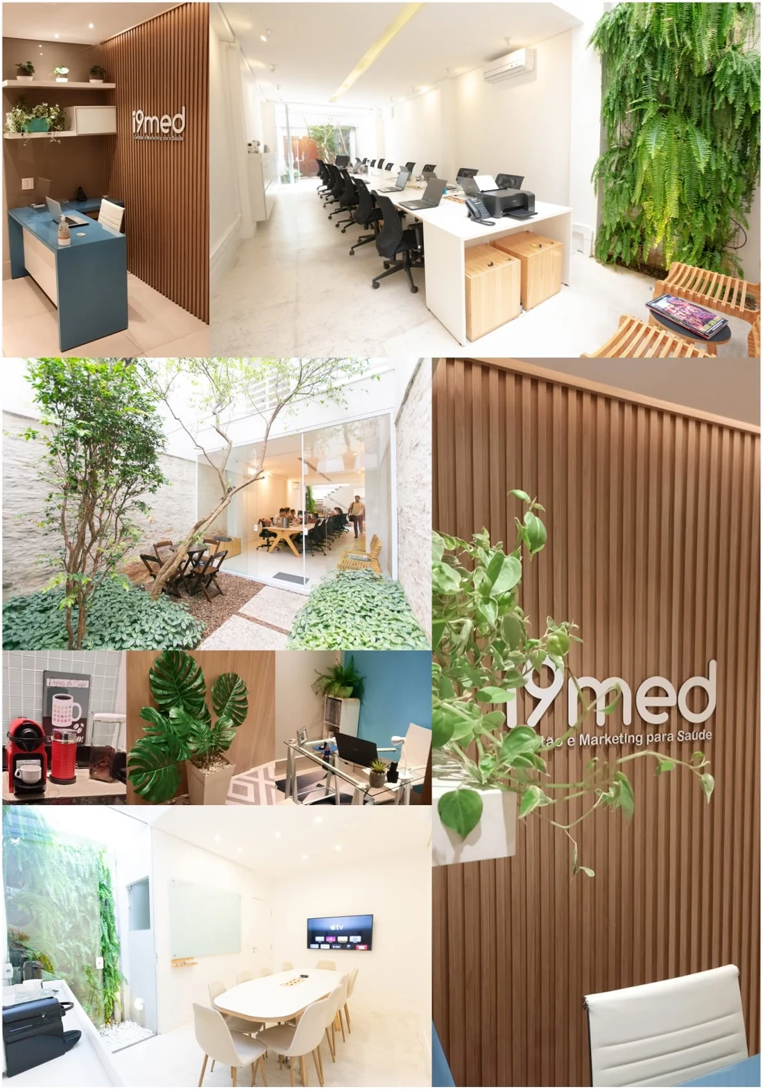 Montagem de fotografias do espaço da i9med, com recepção, ambiente de trabalho, jardim e sala de reunião