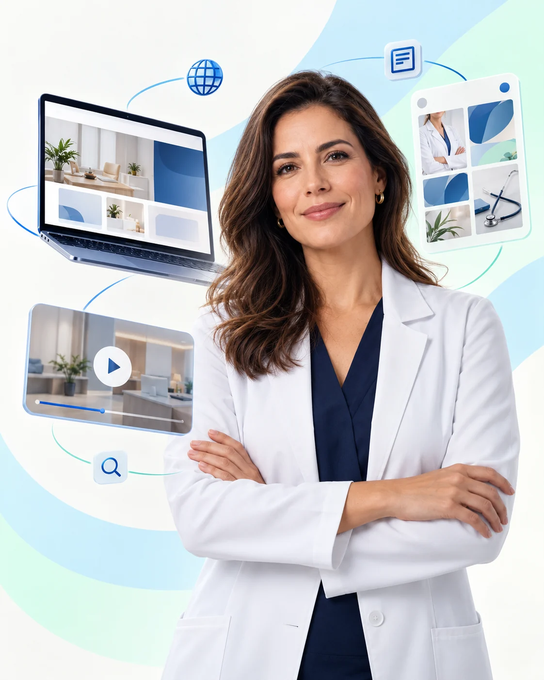 Imagem ilustrativa de médica cercada por elementos de site, conteúdo para redes sociais e vídeo