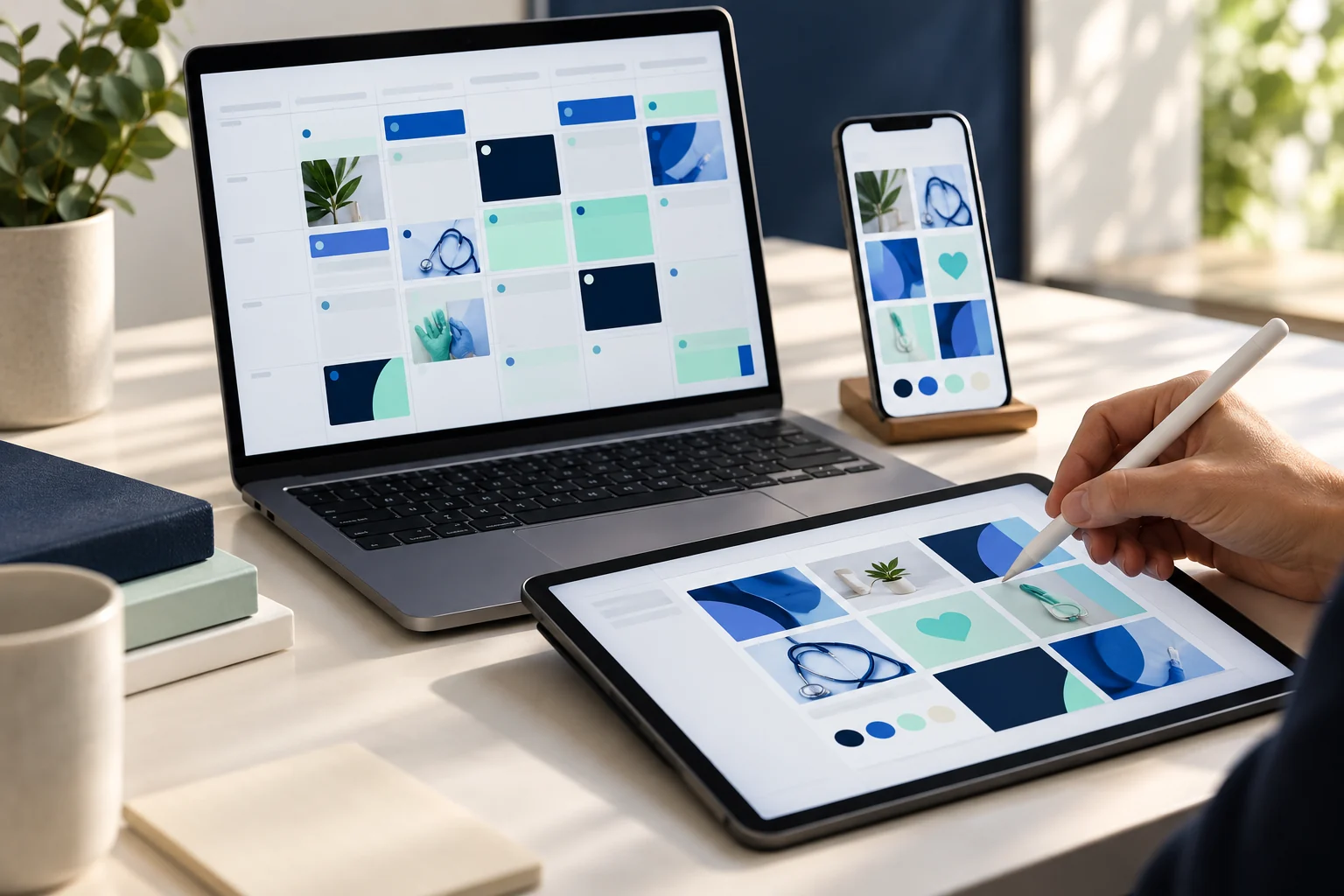 Imagem ilustrativa de criação e organização de conteúdos em tablet, celular e computador